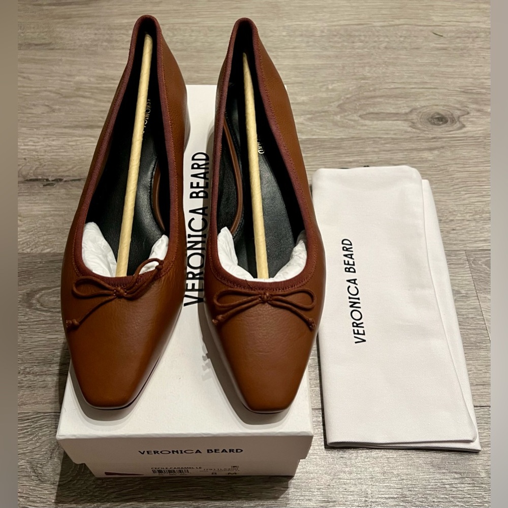 NEW IN BOX | Veronica Beard Caramel Leather Cecile Ballet Flats with Bow Detail